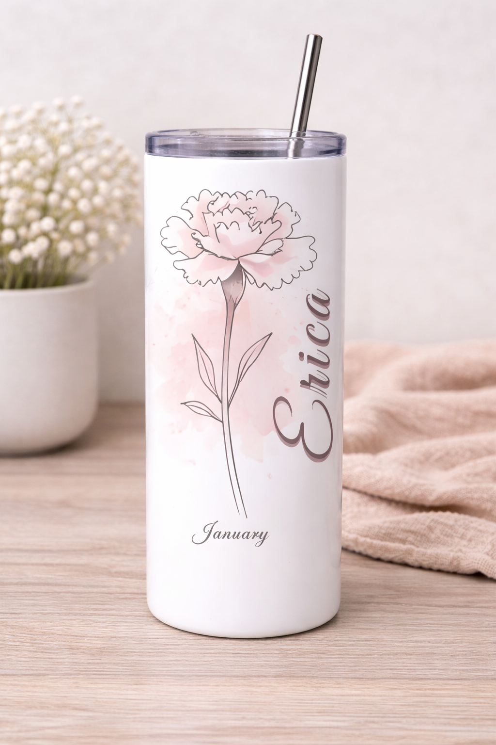 Personalized Birth Flower Tumbler | Custom Name Birth Month Flower Travel Tumbler | Floral Name Tumbler
