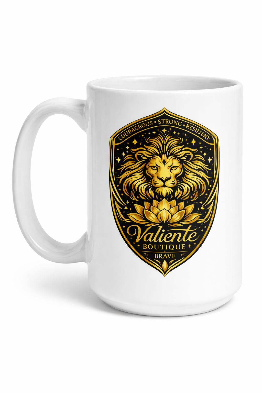 Lion Coffee Mug 15 oz | Courage Strength Resilience Mug | Valiente Lion Shield | Inspirational Gift for Him Her