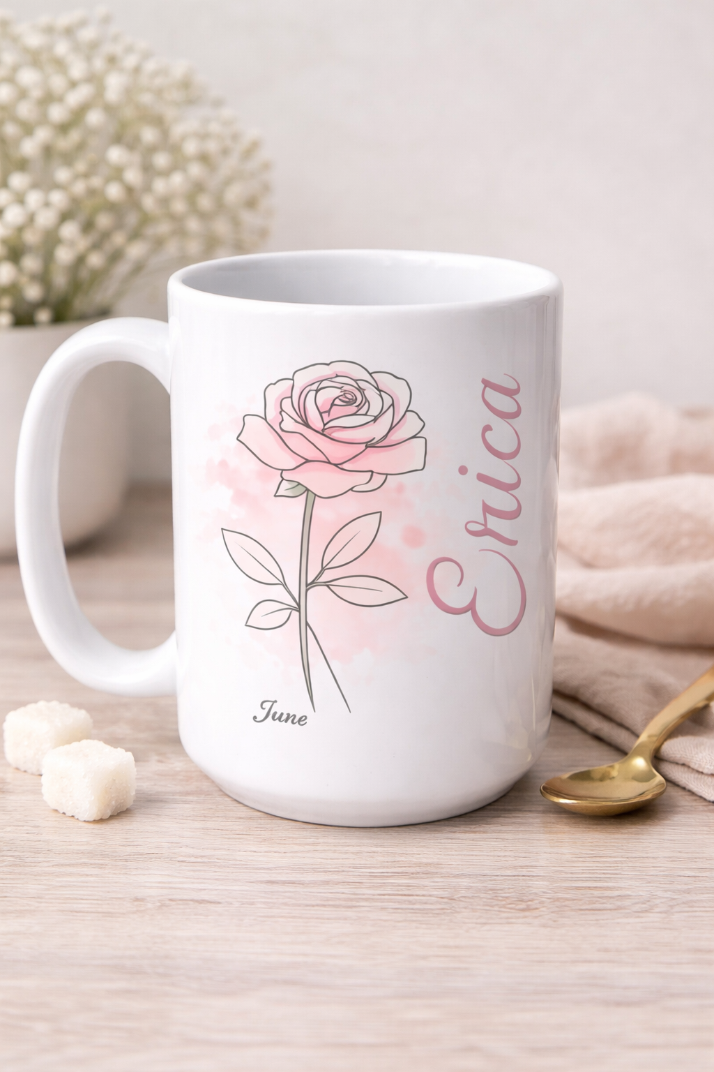 Personalized Birth Flower 15 oz Mug | Custom Name Birth Month Flower Coffee Mug | Floral Name Mug Gift