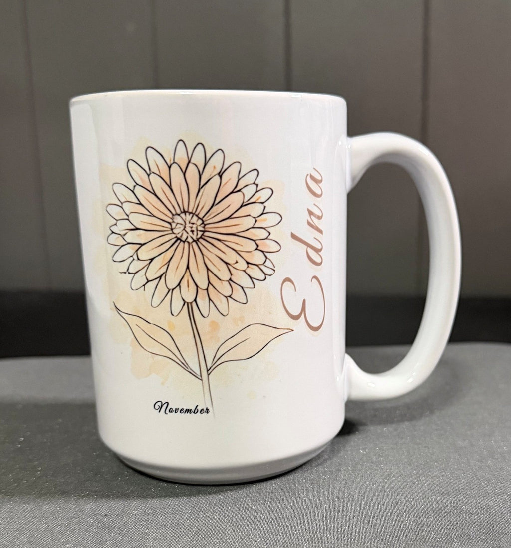 Personalized Birth Flower 15 oz Mug | Custom Name Birth Month Flower Coffee Mug | Floral Name Mug Gift