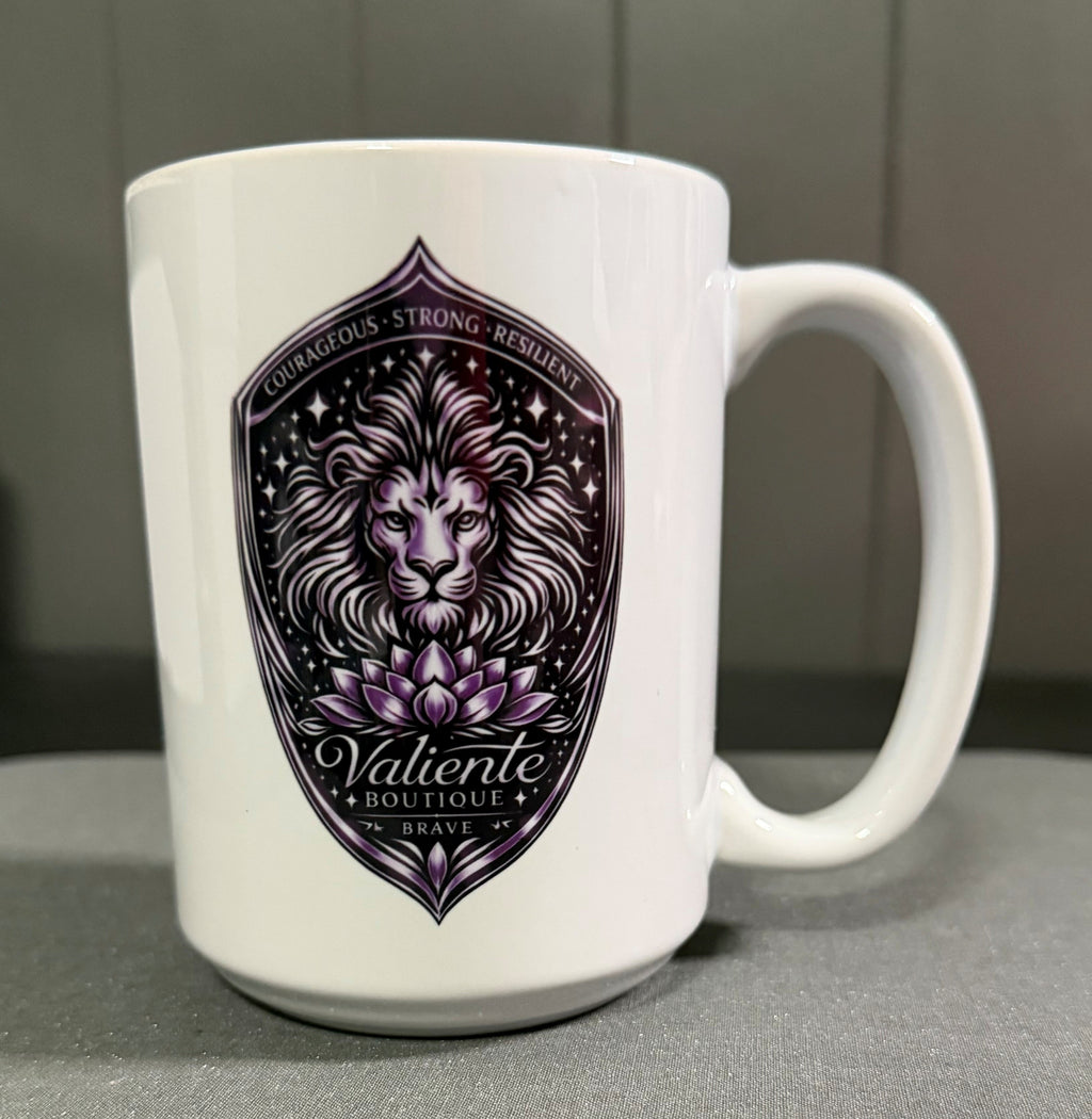 Lion Coffee Mug 15 oz | Courage Strength Resilience Mug | Valiente Lion Shield | Inspirational Gift for Him Her