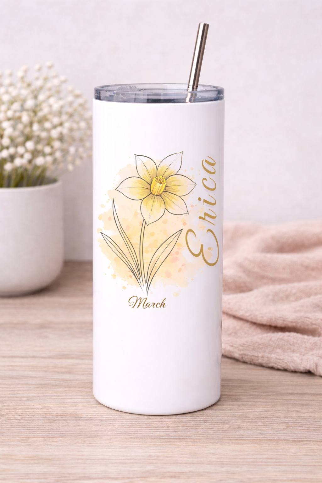 Personalized Birth Flower Tumbler | Custom Name Birth Month Flower Travel Tumbler | Floral Name Tumbler